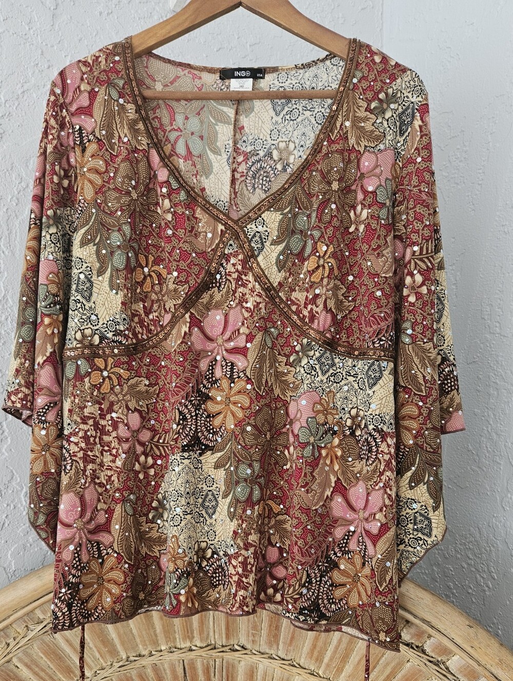 Vtg Ing+ USA Y2k Boho Women 3X Flowy Floral Sequin Festival Feminine Blouse